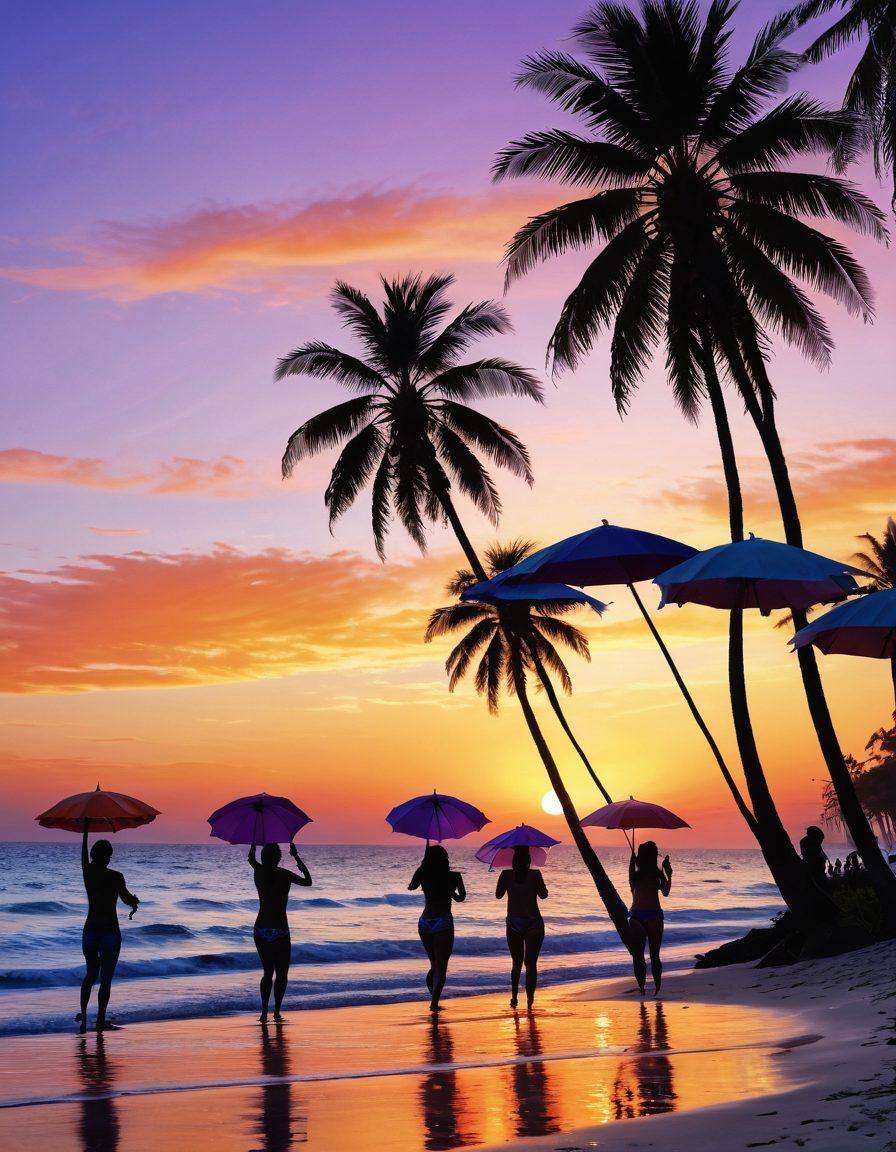 A serene beach scene with a diverse group of people joyfully wearing colorful swimwear, splashing in the clear blue water under a bright sun. Tall palm trees sway in the background, and a vibrant sunset paints the sky with shades of orange and purple, symbolizing hope and healing. A few beach umbrellas and towels scattered around add a touch of relaxation. The overall atmosphere radiates joy and tranquility. super-realistic. vibrant colors. white background.